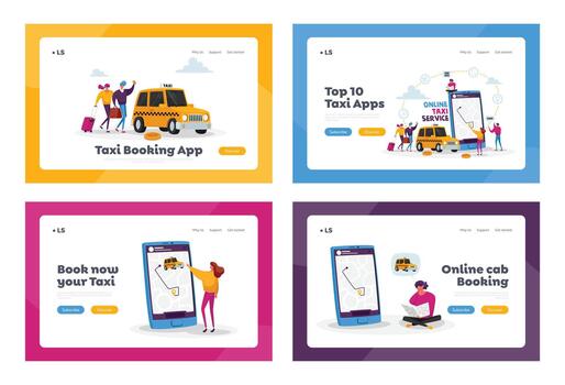 Taxi Service Landing Page Template Set. Characters Ordering Taxi Car Use Application. Driver in Cab Waiting Passengers vector