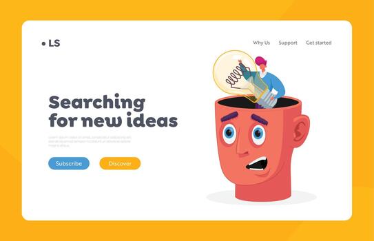 Search New Insights for Project Development, Inspiration, Creative Idea Landing Page Template. Tiny Character With Bulb vector