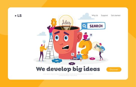 Teamwork and Searching Idea Landing Page Template. Tiny Characters around Huge Head with Light Bulb. Team Search Insight vector