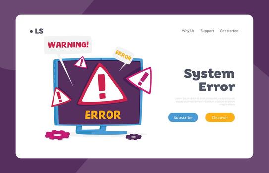 Internet Disconnection Alert Landing Page Template. Pc Monitor with System Error Warning on Screen. Technical Help vector
