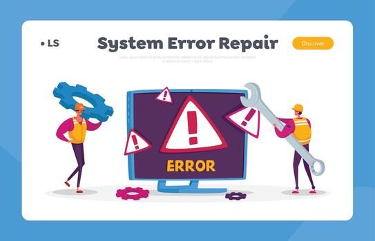 System Error, Website Under Construction Landing Page Template. 404 Page Maintenance. Workers Repairing Network Problem vector