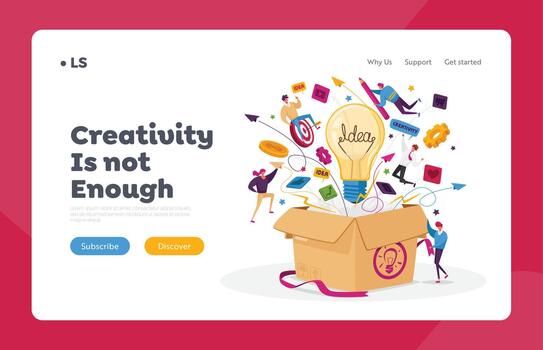 Think Outside Landing Page Template. Tiny Business Characters Fly around of Huge Carton Box with Light Bulb, Stationery vector
