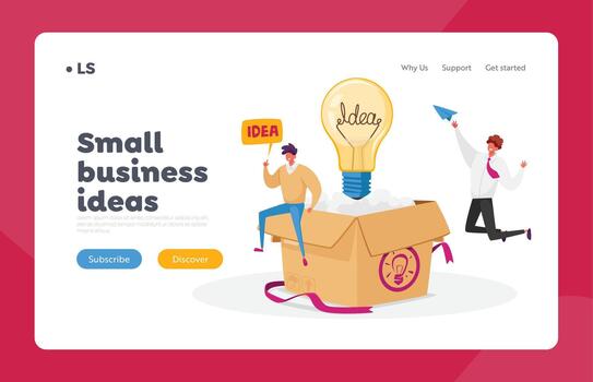 Creative Idea Development, Think Outside Landing Page Template. Business Characters Sit on Huge Carton Box with Bulb vector