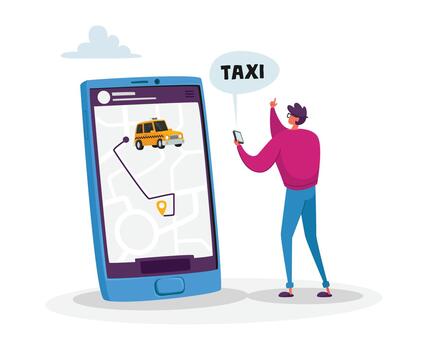 Tiny Male Customer Character Order Taxi via Smartphone App with Map. Young Man Using Application for Ordering Taxi vector