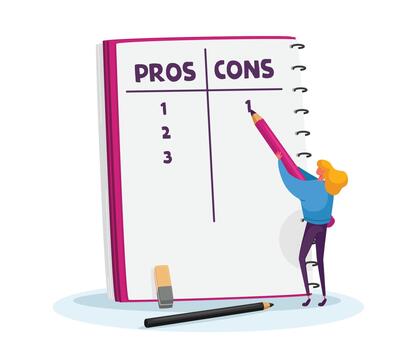 Tiny Girl Make Important Decision. Female Character Writing at Huge Notebook Sheet Pros and Cons of Something in List vector