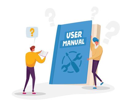 Characters Reading User Manual, Guide Book or Technical Instruction. Tiny Characters Read Huge Handbook with Guidance vector