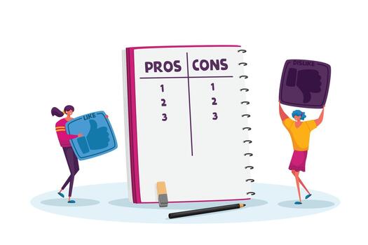 Tiny Female Characters with Huge Thumb Up Icons Make Decision at Notebook with Pros or Cons List in Separated Column vector