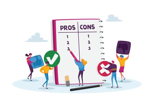 Tiny Characters at Huge Notebook Sheet Writing Pros and Cons of Something in Column List, Advantages and Disadvantages vector