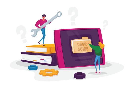minúsculo mujer leer los usuarios manual en enorme tableta, hombre con llave inglesa, mujer escoger carpeta o Guia libro en teléfono inteligente vector