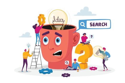 Tiny Characters around Huge Head with Light Bulb. Business Team Search Insight for Project Development. Searching Idea vector