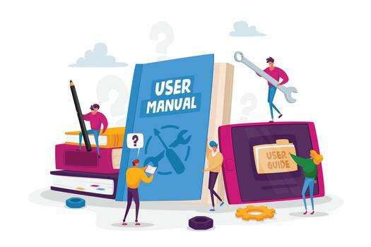 People Read Book with Instructions for Equipment. User Manual. Characters with Office Stuff Discussing Content of Guide vector