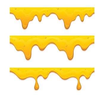 Set of Realistic Seamless Dripping Honey Drops Isolated on White Background. Liquid Yellow Splashes, Glossy Drips vector