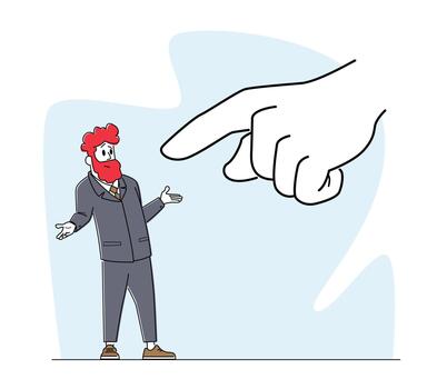 Confused Businessman is Blamed with Huge Hand Pointing on him with Index Finger. Business Man Character Job Burdens vector