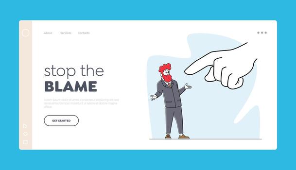 Blame Landing Page Template. Confused Businessman is Blamed with Huge Hand Pointing on him. Pressed Business Character vector
