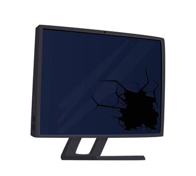 Broken Computer Monitor with Hole and Cracks on Screen Isolated on White Background. Destroyed Appliances, Pc Repair vector