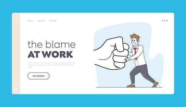 Blame at Work Landing Page Template. Businessman Character Prevent Threat. Tiny Business Man Fighting with Huge Fist vector