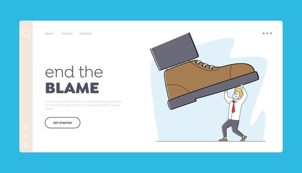 End the Blame Landing Page Template. Huge Boot Trample Frightened Humiliated Business Man Trying to Survive. Humiliation vector