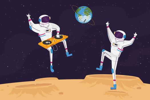 Disco Party on Alien Planet or Moon Surface with Dj and Astronaut Characters Dancing with Turntable. Spacemen in Galaxy vector