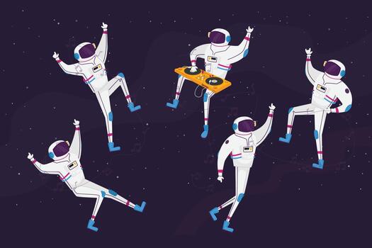Astronauts Characters Dancing with Dj Turntable in Open Space. Spacemen in Space Suits Listen Music, Rising Hands vector