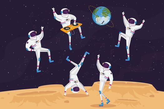 Dj and Astronaut Characters Dancing with Turntable in Open Space on Alien Planet or Moon Surface. Spacemen Galaxy Party vector