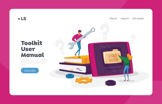 cliente apoyo centrar aterrizaje página modelo. minúsculo hembra personaje leer los usuarios manual en enorme tableta vector