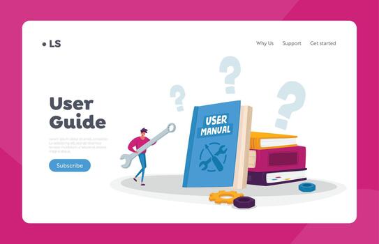 Instruction for User Landing Page Template. Tiny Male Character with Huge Spanner Reading User Manual Booklet, Document vector