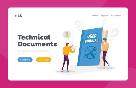Characters Reading User Manual, Guide Book or Technical Instruction Landing Page Template. Tiny Characters Read Guidance vector