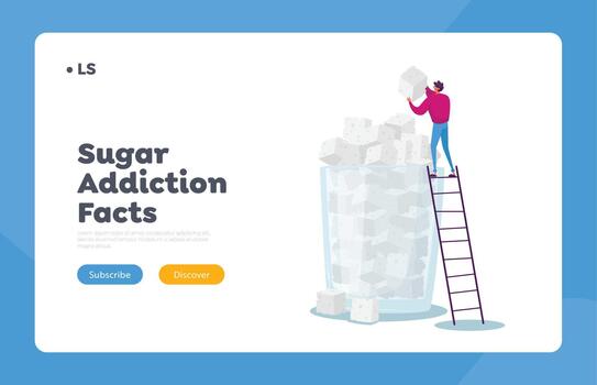 Sugar Addiction, Overdose Glucose Eating Problem Landing Page Template. Tiny Male Character Put Sugar Cube on Top vector