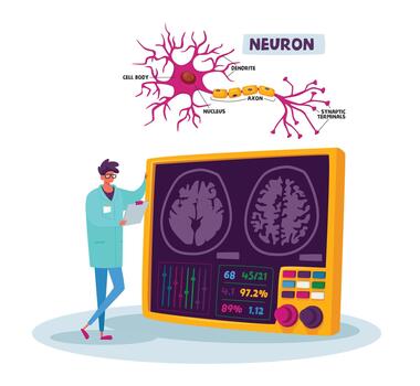 Tiny Scientist Male Character Wearing Medical Robe Look on Human Brain with Neurons Scheme in Laboratory on PC Screen vector