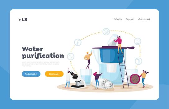Water Filtration Landing Page Template. Tiny Characters Installing Membrane in Huge Aqua Filter Jug for Cleaning Liquid vector