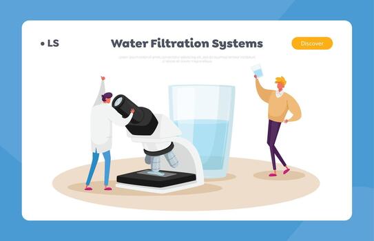 Water Purification Landing Page Template. Tiny Scientist Look in Microscope Learn Clean Filtered Water. Drinking Aqua vector
