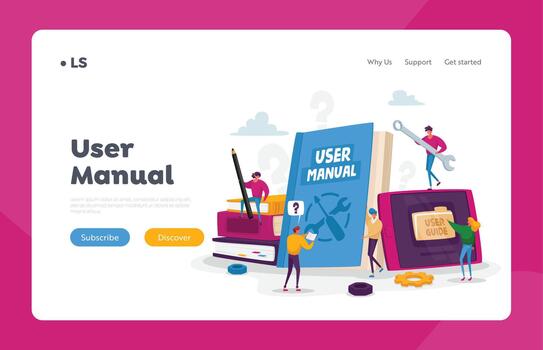 People Read Book with Instructions for Equipment. User Manual Landing Page Template. Characters with Guide Document vector