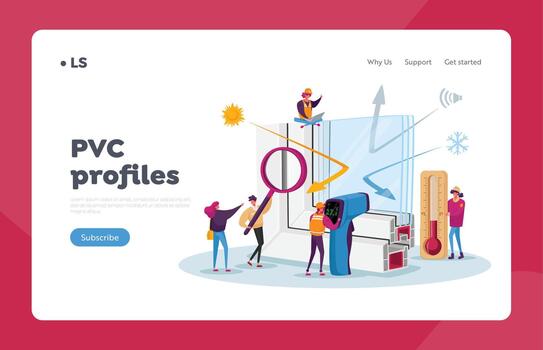 Pvc Window Profile Installation Landing Page Template. Tiny Characters at Huge Vinyl Frame with Thermometer vector