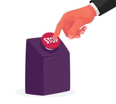 Human Hand Push with Finger on Huge Red Stop Button Isolated on White Background, Life Reloading, End of Process vector