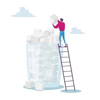 Sugar Addiction Concept. Tiny Character Stand on Ladder Put Sugar Cube on Top of Huge Pile in Glass. Overdose Glucose vector