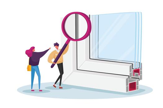 Tiny Male and Female Characters with Huge Magnifying Glass Looking on sample of Pvs Window Profile with Triple Glass vector