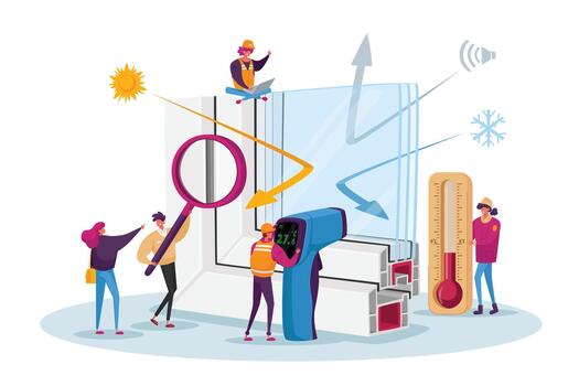 Pvc Window Profile Installation Process. Tiny Characters at Huge Vinyl Frame with Thermometer, Magnifier and Instruments vector