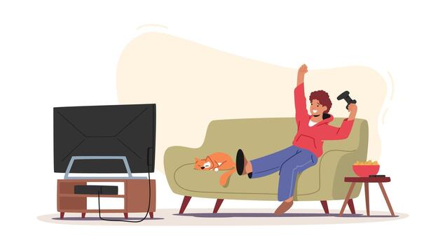 Little Boy Playing Games. Happy Child Character Sitting front of Tv Set with Joystick in Hands, Virtual Reality vector