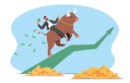 exitoso empresario comerciante ensillar toro creciente arriba con flecha gráfico con dinero pila de algo alrededor. inversión, valores mercado vector