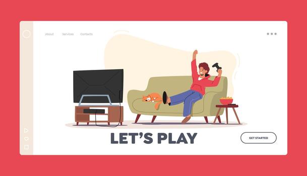 Boy Playing Games Landing Page Template. Happy Child Character Sitting front of Tv Set with Joystick in Hands vector