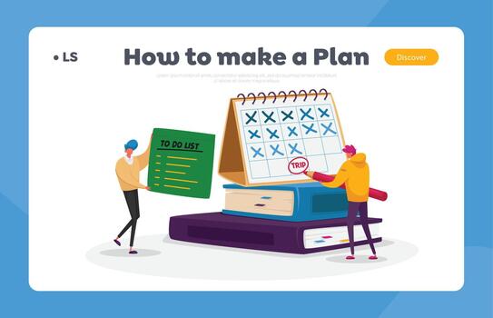 Diary, Memo Reminder Landing Page Template. Tiny Male Characters Circle Date on Huge Calendar Planning Trip vector