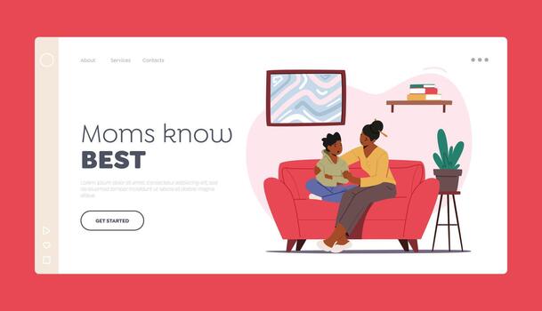 Mother Comforting Child Sit on Sofa Landing Page Template. Mom and Son Talking of Problems, Parent Character Support vector