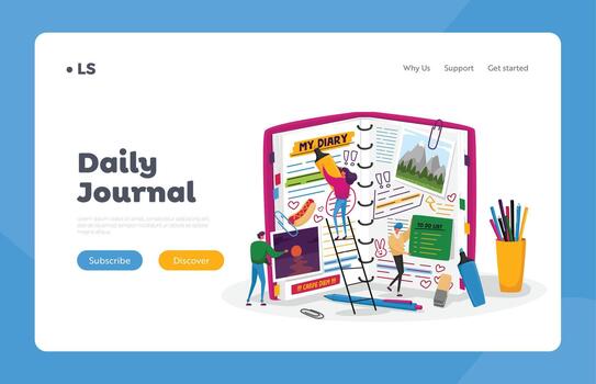 Organizer, Notebook for Memory or Messages Landing Page Template. Tiny Characters at Huge Diary Writing Notes vector