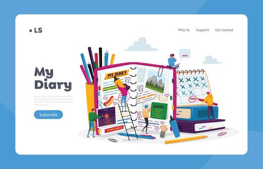 Organizer, Notebook Landing Page Template. Tiny Characters at Huge Diary Writing Notes, Planning, Fill To Do List, vector