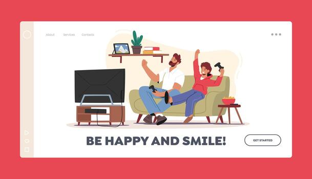 Little Boy with Dad Playing Games Landing Page Template. Happy Characters Sitting front of Tv Set with Joysticks vector