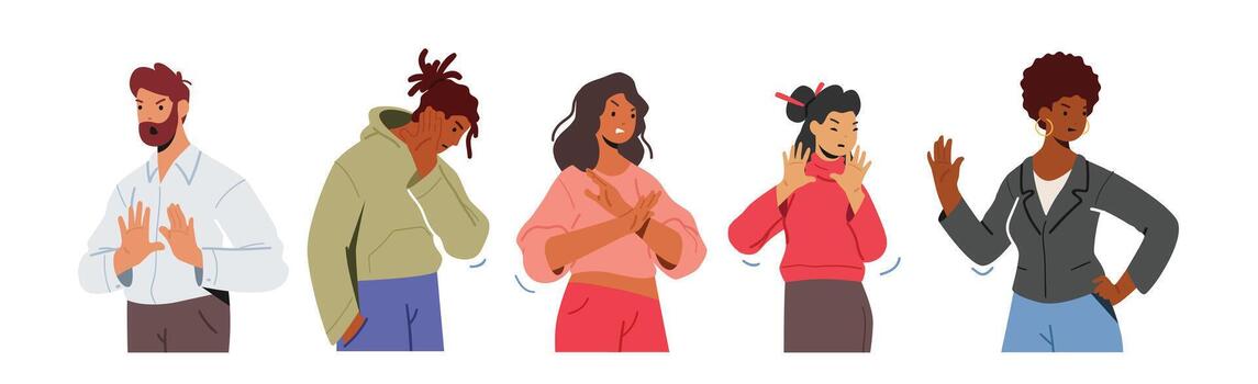 Set of Multiracial Male and Female Characters Showing Refusal or Stop Gesture with Open Hand Expressing Negative Emotion vector