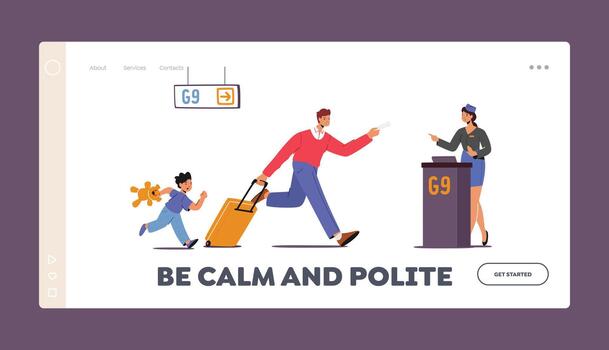 Father with Child Late for Plane Boarding Landing Page Template. Man and Boy Run to Gates Upset with Missed Flight vector