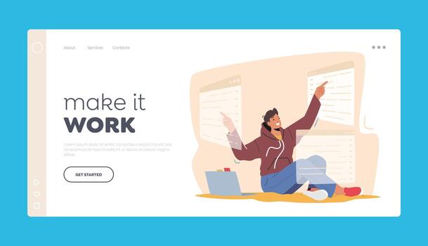 solicitud software desarrollo aterrizaje página modelo. hombre programador o gui diseñador personaje trabajando en computadora vector
