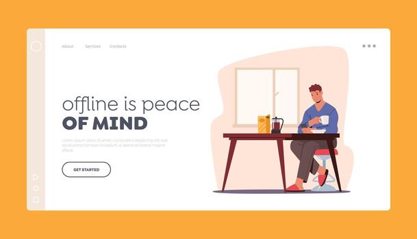 Gadget Addiction, Cellphone Communication Landing Page Template. Man Has Breakfast with Smartphone in Hands vector