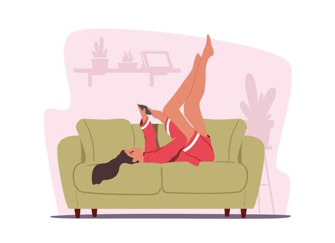 Gadget Communication Concept. Relaxed Female Character Lying at Home on Sofa Look on Screen of Smartphone Write Message vector